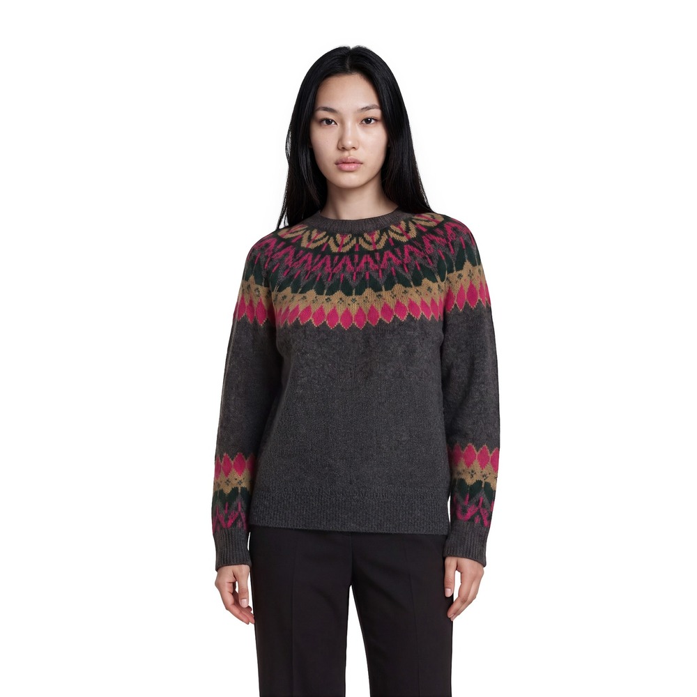 Vince Camuto Sweater Women's Size Large Gray Pink Fair Isle Yoke Crew Neck